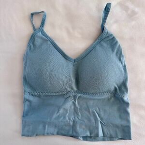 Blue Ribbed Cross Back Crop Top